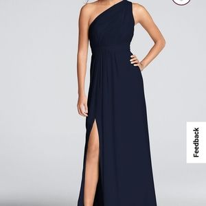 David's Bridal Long One-Shoulder Crinkle Chiffon Dress in Marine